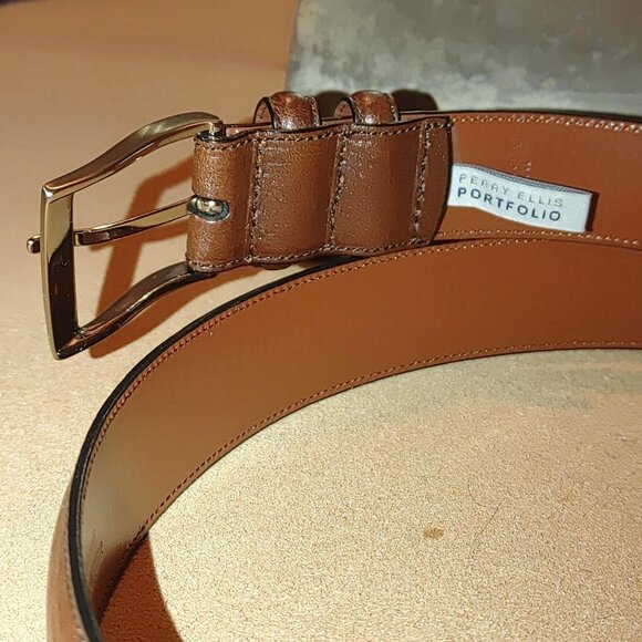 Leather Belt Size 42 Perry Ellis Brown Portfolio Grain Cowhide 1.5 Silver Buck - Picture 6 of 10
